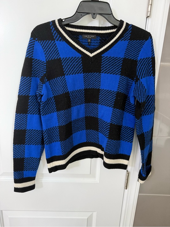 rag & bone Sweaters - rag & bone Blue and Black Plaid V-Neck Sweater with Cream Trim